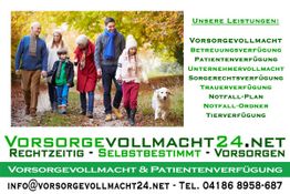 Familie spaziert im Park, umgeben von Herbstlaub; Text über Vorsorgevollmacht-Dienstleistungen.