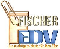 Logo mit Text "Fischer EDV" und Slogan "Die wichtigste Notiz für Ihre EDV", Büroklammer links oben.