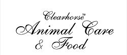 Schwarzer Text auf weißem Hintergrund: "Clearhorse Animal Care & Food" in eleganter Schrift.
