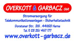 Textgrafik mit Firma "Overkott & Garbacz", Stromversorgung und Sicherheitstechnik, Herne.