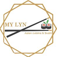 Logo with chopsticks, sushi, and the text "My Lyn Asian Cuisine & Sushi" in a geometric frame.