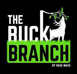 Logo with text "The Buck Branch," featuring a deer and tree branch on a black background.