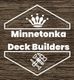 "Logo of Minnetonka Deck Builders with a crown and crossed tools on a wood background."