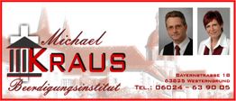 Logo des Beerdigungsinstituts Michael Kraus mit Kontaktdaten und zwei Porträts.