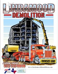 Demolition equipment with a "Lindamood Demolition" truck and partially demolished building.