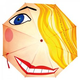 Bunter Regenschirm mit stilisiertem Gesicht: blondes Haar, blaues Auge, roter Mund.