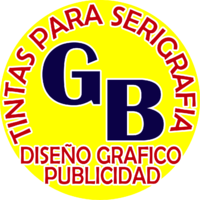 Logo con texto: "TINTAS PARA SERIGRAFIA GB DISEÑO GRAFICO PUBLICIDAD" en fondo amarillo.