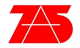 Logotipo rojo con el número 75 en fondo blanco.