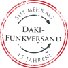 Rotes Siegel mit Text "Seit mehr als 15 Jahren Daki-Funkversand".