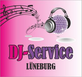 DJ-Service Lüneburg Logo mit Kopfhörern, Noten und Discokugel auf pinkem Hintergrund.