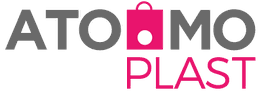 Logo Atomo Plast con testo grigio e rosa, una borsa rosa stilizzata.