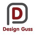 Logo mit grauem "D" in rotem Kreis, darunter Text: "Design Guss".