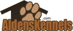 Logo of Aldens Kennels with a paw print inside a roof shape.