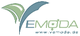 Logo mit stilisiertem Blatt und Text "v-emoda" in Grün und Blau, Webseite: www.vemoda.de.
