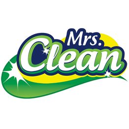 "Mrs. Clean logo with green, yellow, and blue colors featuring sparkling stars."