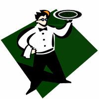 Gezeichneter Kellner mit Tablett auf grünem Hintergrund.