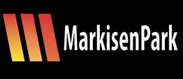 Logo mit orange-roten Streifen und weißem Schriftzug "MarkisenPark" auf schwarzem Hintergrund.