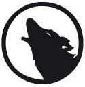 Schwarze Silhouette eines heulenden Wolfes im Kreis auf weißem Hintergrund.
