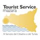 Mappa di Mazara del Vallo con sole e onde, testo: "Tourist Service Mazara".