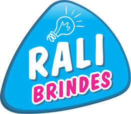 Logotipo azul com texto "Rali Brindes" em branco e rosa, com ícone de lâmpada acima.