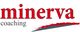 Roter Schriftzug "minerva coaching" mit einem grauen und roten Pinselstrich darunter.