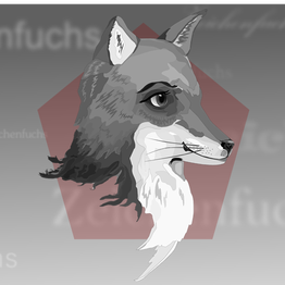 Gezeichnetes Fuchsprofil vor grauem Hintergrund mit verschwommenem Text.