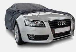 Silbernes Auto unter einer grauen Abdeckung, Frontrahmen und Scheinwerfer sichtbar.