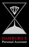 Sanduhr mit Diamant, Text: „HAMBURG'S Personal Assistant“ auf schwarzem Hintergrund.