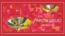 Banner rojo con dos platos y texto "Pardo Geijo Abogados" en letras blancas.