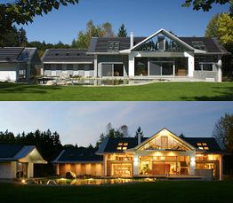 Modernes Haus bei Tag und Nacht mit großen Fenstern, Rasenfläche und umliegendem Wald.