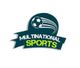 Logo with a soccer ball, swoosh, and text "Multinational Sports" in bold letters.