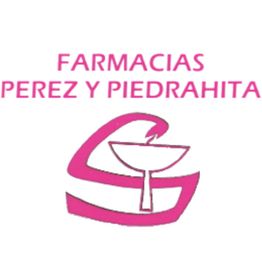 Logo de Farmacias Pérez y Piedrahita con un símbolo de mortero en rosa.