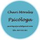 Círculo azul con texto: Chari Morales, Psicóloga, email y teléfono en negro.