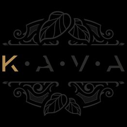Texto "KAVA" en un diseño elegante con hojas y detalles ornamentales. Fondo negro.