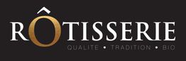 Logo "Rôtisserie" avec texte: Qualité, Tradition, Bio, sur fond noir.