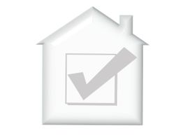 Weißes Haus-Icon mit grauem Häkchen in der Mitte.