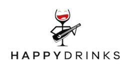 Strichmännchen mit Weinglaskopf und Gitarre, darunter der Text "HAPPYDRINKS".