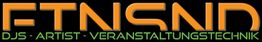 FTNSND-Logo in Orange und Grün mit Text: DJs, Artist, Veranstaltungstechnik auf schwarzem Hintergrund.