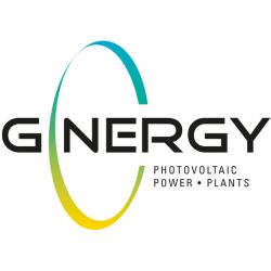 Logotipo de Gnergy con texto "Photovoltaic Power Plants" y un arco de color azul y amarillo.