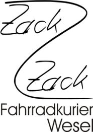 Schwarz-weißes Logo mit Schriftzug "Zack Zack Fahrradkuriere Wesel" in geschwungener Schrift.