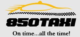 Taxi logo with stylized car, "850TAXI," and slogan "On time…all the time!"