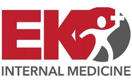 Logo with red "EK," a figure with a cross, and gray text "Internal Medicine" below.