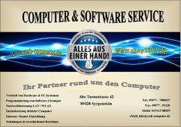 Visitenkarte für Computer- und Softwaredienstleistungen, mit Kontaktdaten und Website-Links.