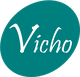 Logotipo con texto "Vicho" en blanco sobre fondo turquesa circular.