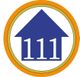 Blaues Haus-Zeichen mit der Zahl 111, umgeben von einem orangefarbenen Kreis auf weißem Hintergrund.
