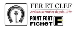 Logo d'une entreprise de serrurerie: Fer et Clef, avec un fer à cheval et une clef.