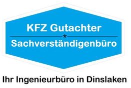 Blaues Schild: "KFZ Gutachter Sachverständigenbüro". Darunter: "Ihr Ingenieurbüro in Dinslaken".