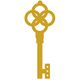 Golden ornate key with a symmetrical, intricate design against a white background.