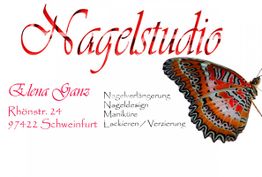 Nagelstudio-Logo mit Schmetterling, Adresse und Dienstleistungen wie Nageldesign und Maniküre.
