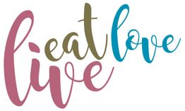 Bunte Schriftzüge: "eat", "love", "live" in verschiedenen Farben und Schrifttypen auf Weiß.